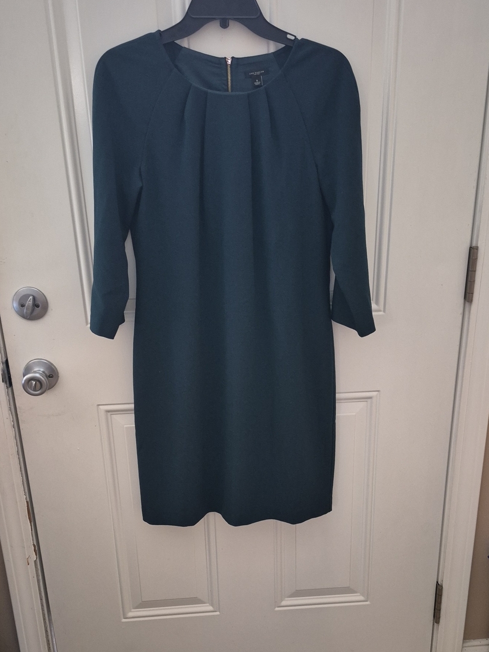 Ann Taylor Teal Long Sleeve Pleated Front Sheath Dress